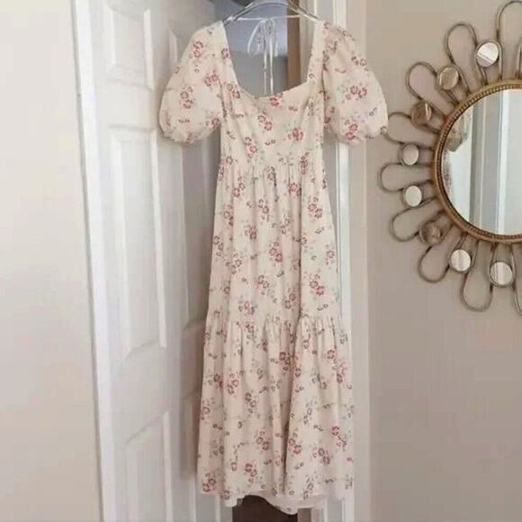 WAYF Whisper Pink Floral Midi Dress Square Neck Puff Sleeve Tie Back M NWT - Picture 2 of 13